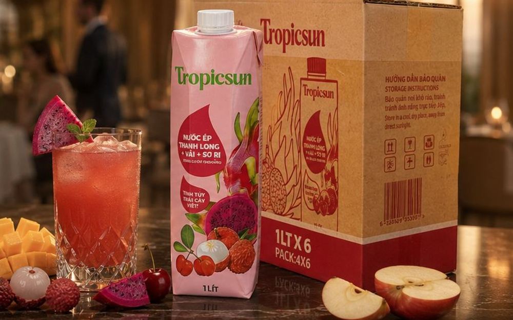 Hộp nước ép thanh long đỏ, vải và sơ ri TropicSun 1 lít cùng thùng 6 hộp